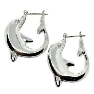 Womens Sterling Silver Hoop Earrings 3D Dolphins - Beachwear Ocean Jewelry
